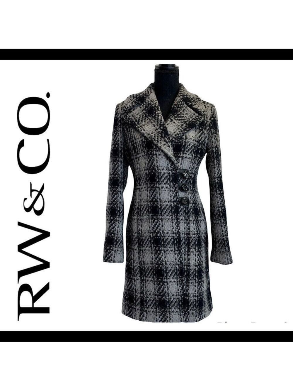 RW&CO Black and gray wool plaid check fall winter coat Sz S